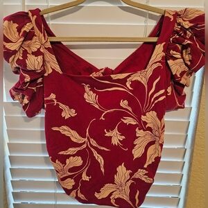 Express Red and Cream Floral puffy sleeve Blouse sz m